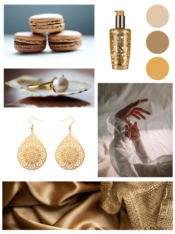Przykład moodboardu w odcieniach złota i brązu.